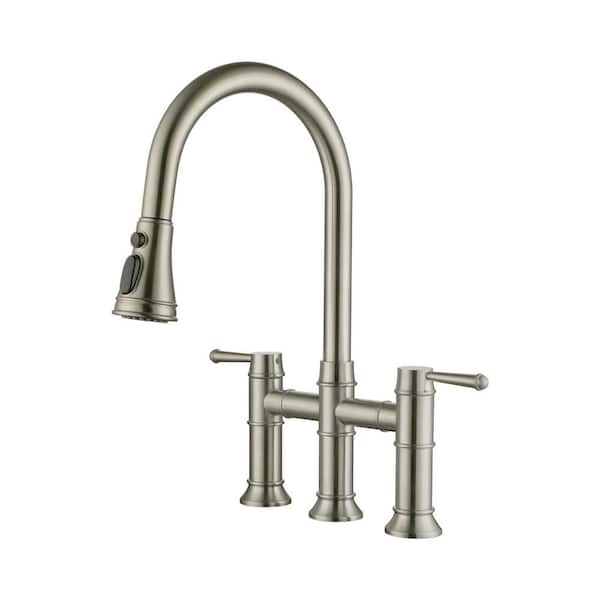 Double Handle Bridge Pull-Down Kitchen Faucet with 3-Function Spray head in Brushed Nickel