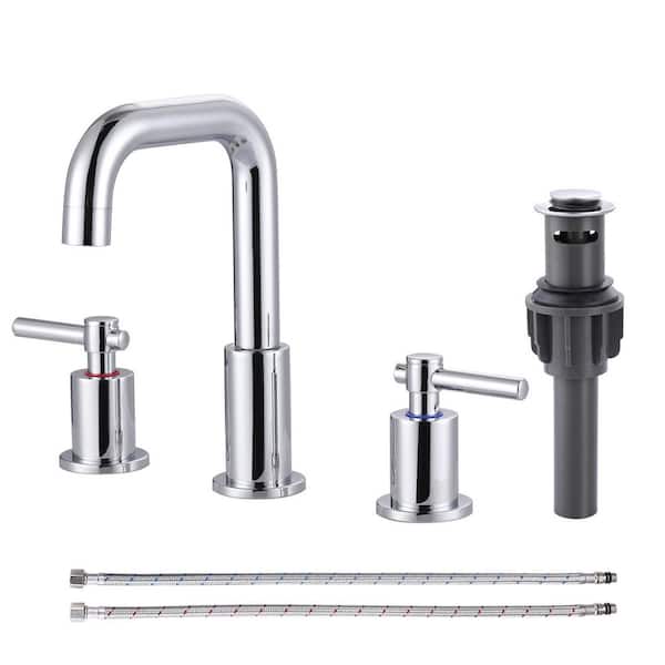 8 in. Widespread Double Handle High Arc Bathroom Faucet with Drain Kit Included and Supply Line in Polished Chrome