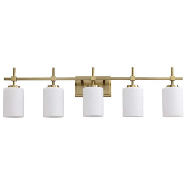 37.5 in. 5 Light Brushed Brass Plating/Gold Plating Vanity Light with Frosted Glass Shade