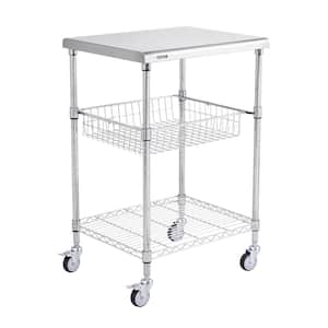 3-Tier Utility Cart Rolling Cart Silver Metal Kitchen Cart with Locking Casters 24"x 20"x 36.6" 470 lbs. 6 Hooks