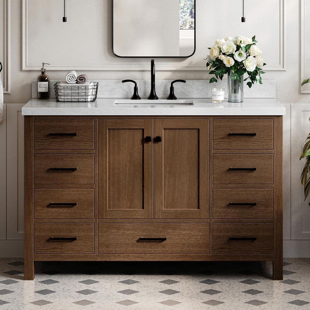Cambridge 54 in. Single Sink Freestanding Bathroom Vanity in Brown Oak with Carrara White Marble Top price history on PriceWatchPro