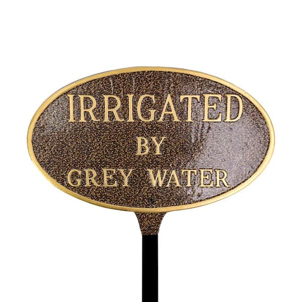 Montague Metal Products 6 in. x 10 in. Small Oval Irrigated By Grey Water Statement Plaque Sign with Lawn Stake - Hammered Bronze