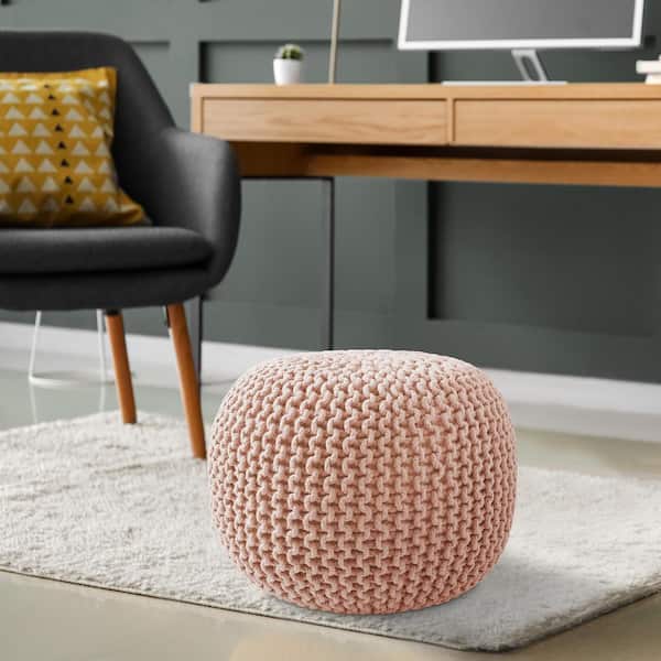 Light Pink Knit Cotton Round 20 in. x 20 in. x 14.5 in. Pouf Foot Stool