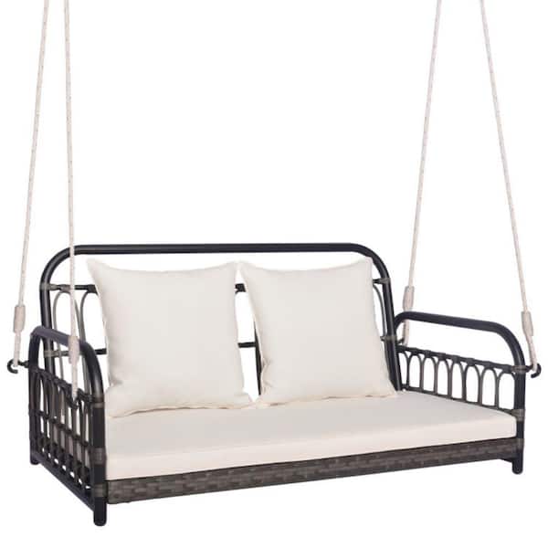Sudzendf 2-Person Metal Outdoor Porch Swing Hanging Chair with Ropes and Off White Cushion