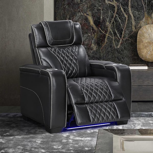 Lazzara Cassian Black Leather Power Recliner with Power Headrest