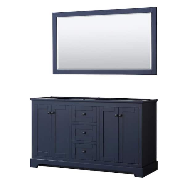 Wyndham Collection Avery 59.25 in. W x 21.75 in. D x 34.25 in. H Double Bath Vanity Cabinet without Top in Dark Blue with 58 in. Mirror