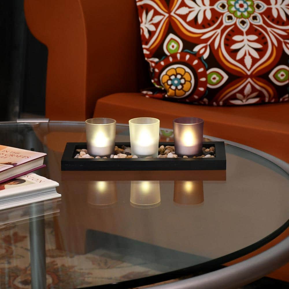 Warm Soft Black Wooden Tray with Earth-Tone Frosted Glass Candleholders