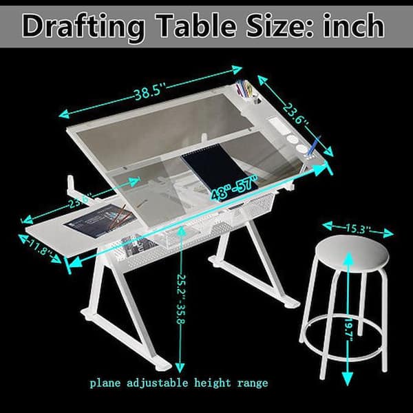 38.5 in. Black Adjustable Tempered Glass Drafting Table and Chair