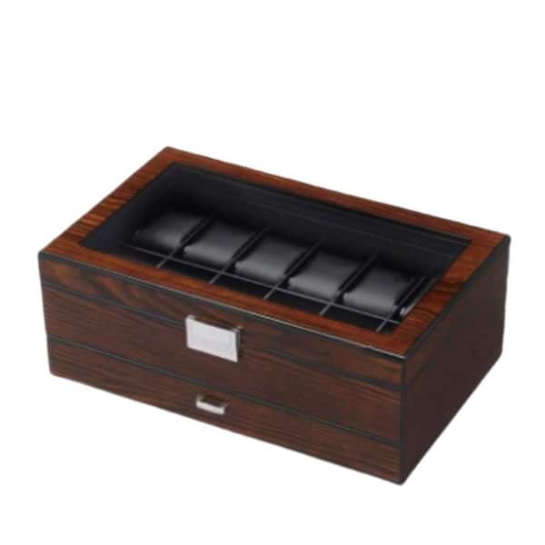 Unbranded 12-Slot Luxury Watch Box with Valet Drawer, Glass Top & MDF Frame, Velvet Lining, Brown, 13.19 in. x 8.07 in. x 5.12 in.