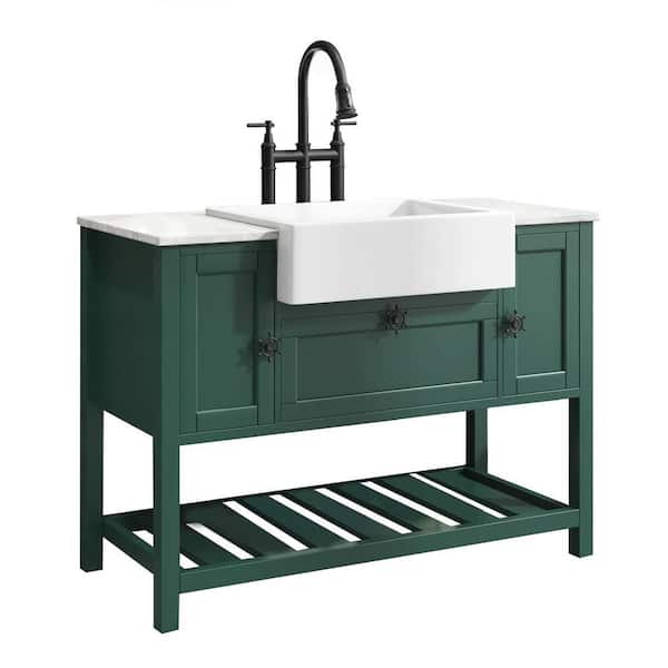 Interbath 48 in. W x 20 in. D Bathroom Vanity in Green Oak with Top in White with White Farmhouse Basin and Faucet