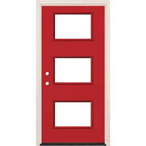 36 in. x 80 in. Right-Hand/Inswing 3 Lite Clear Glass Ruby Red Painted Fiberglass Prehung Front Door w/4-9/16 in. Frame