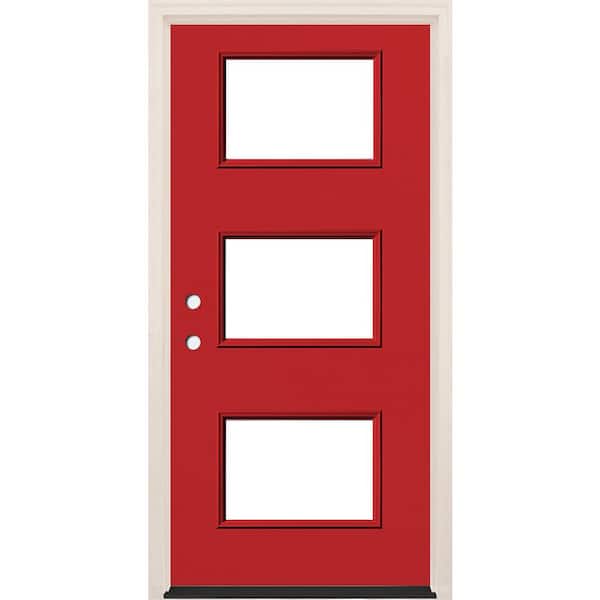 Builders Choice 36 in. x 80 in. Right-Hand/Inswing 3 Lite Clear Glass Ruby Red Painted Fiberglass Prehung Front Door w/4-9/16 in. Frame