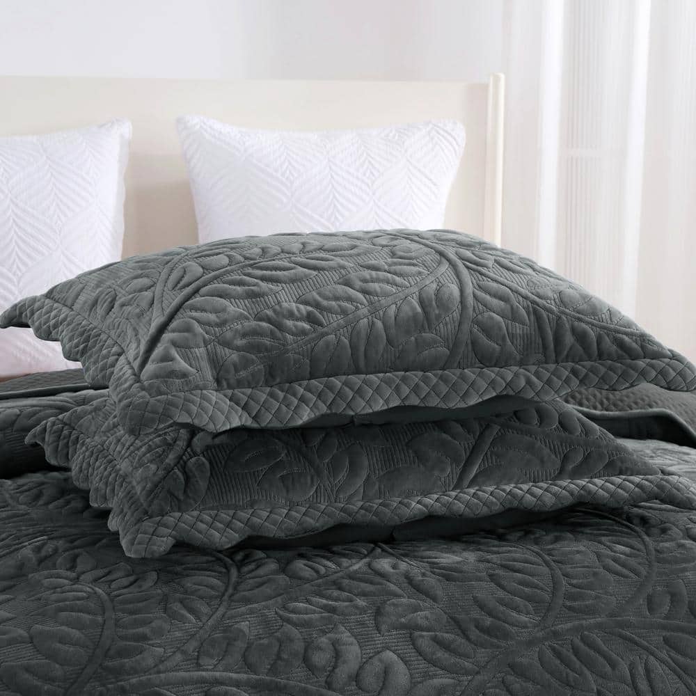 Dark Grey Queen Velvet Quilted 3-Piece Bedding Set