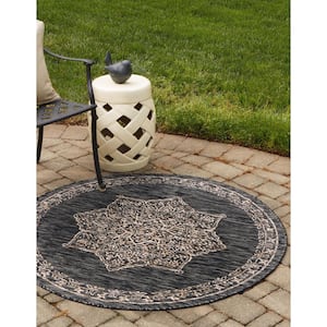 Charcoal Gray Antique Outdoor 4 ft. Round Area Rug