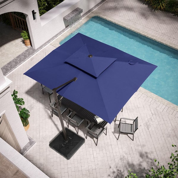 10.5 ft. x 9 ft. Rectangular Double Top Aluminum 360° Rotation Cantilever Patio Umbrella in Navy Blue with 260 lbs. Base