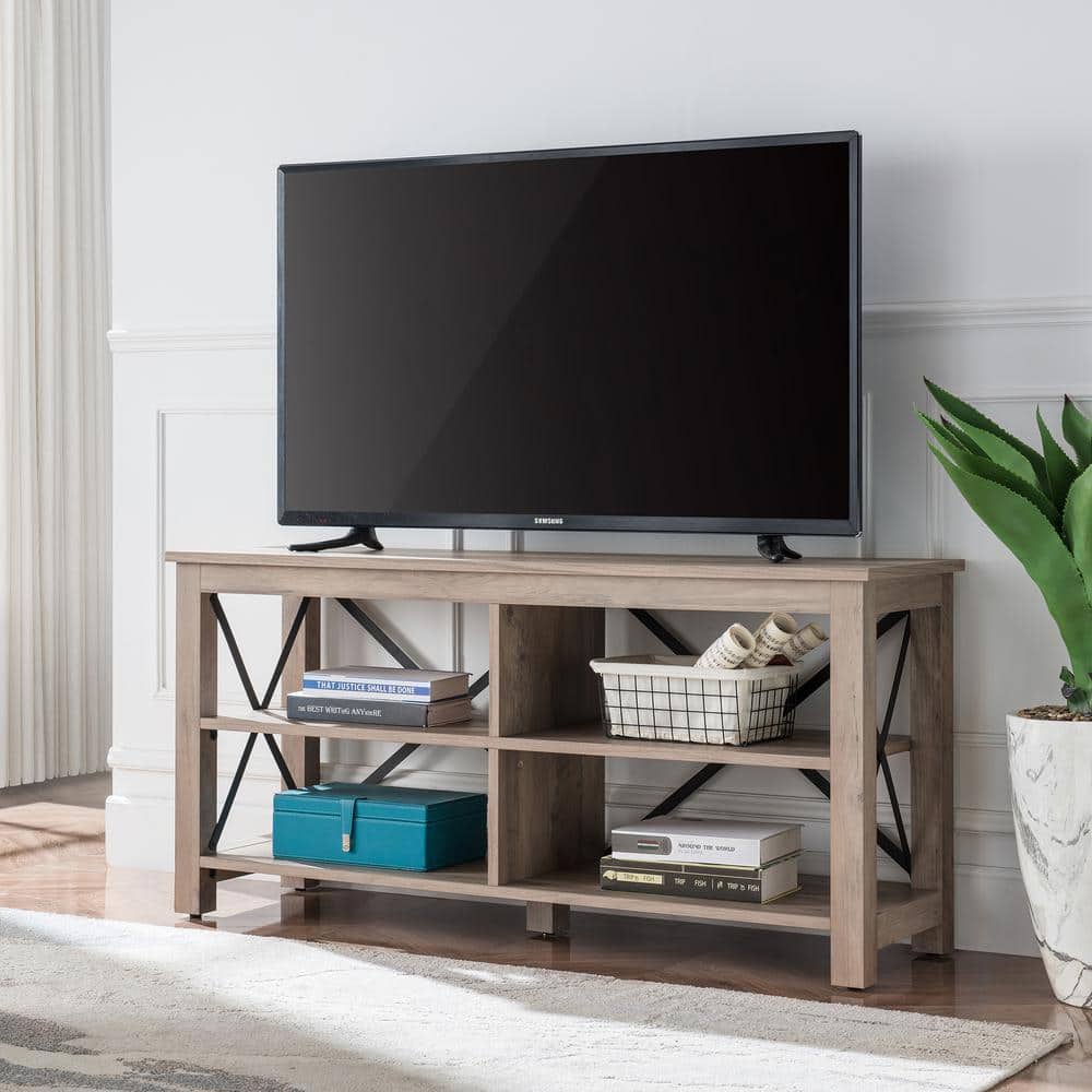 Sawyer Modern Farmhouse 50" Gray Oak TV Stand with Black Metal Accents