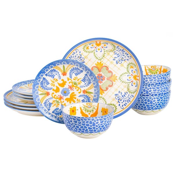 Laurie Gates Tierra Tile 12-Piece Round Stoneware Dinnerware Set in Blue Assorted Designs Service Set for 4