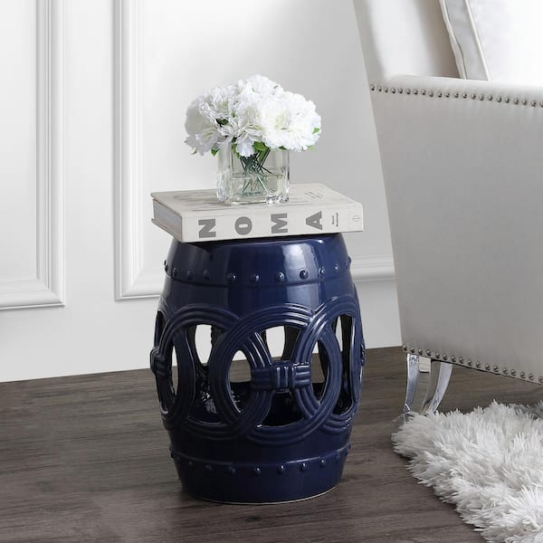 16 in. Navy Chinese Ceramic Drum Lucky Coins Garden Stool