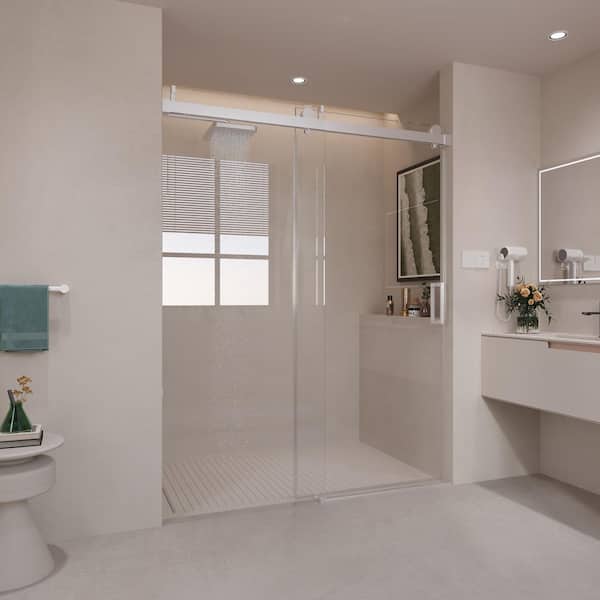 Reversible 56-60 in. W x 76 in. H Frameless Sliding Shower Door in Chrome with Tempered Clear Glass, Soft-Close