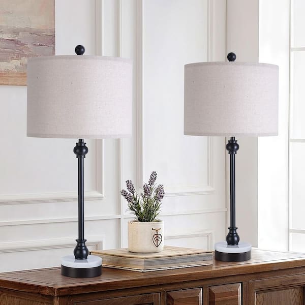 28.3 in. Black Modern Marble Bedroom Living Room Bedside Desk Nightstand Small Table Lamps USB Port (Set of 2)