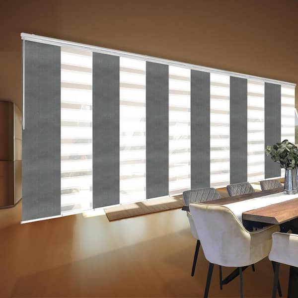 EMOH Metallic Gleam 140 in. - 260 in. W x 94 in. L Adjustable 12-Panel White Double Rail Panel Track with 23.5 in. Slates