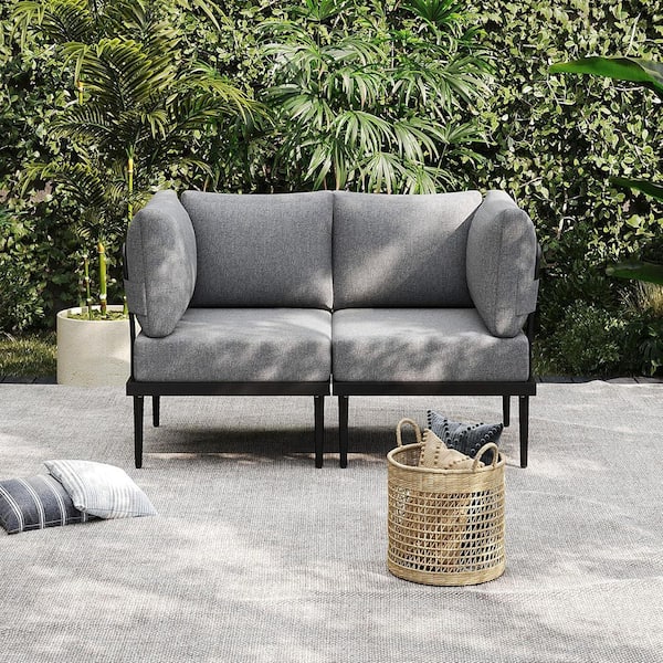 AURA OUTDOOR 2 Piece Metal Outdoor Patio Conversation Set with 2-Corner Sofa, Conversation Chair with Grey Cushions and Grey Frame