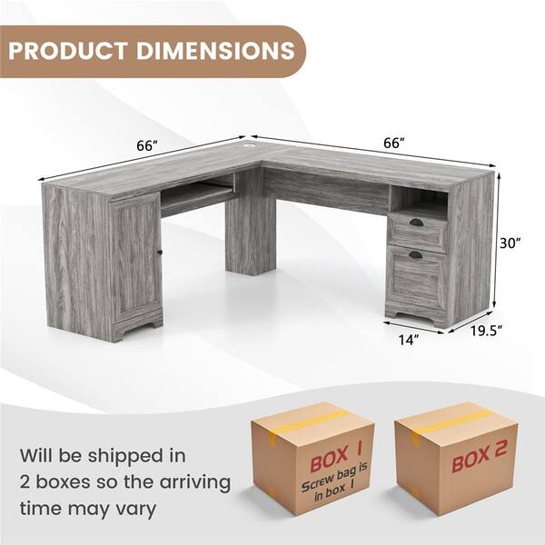 Costway Gray Wood L-Shaped 66 in. Corner Computer Desk