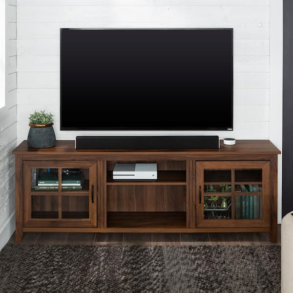 70 in. Modern Farmhouse Dark Walnut Wood TV Stand with 2 Windowpane Glass Doors (Max TV Size 80 in.)