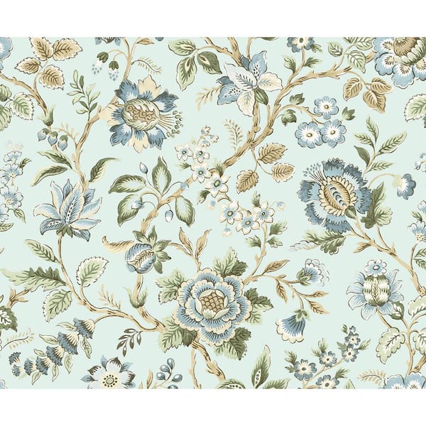 17.08 sq. ft. Sea Mist Jacobean Floral Trail Vinyl Peel and Stick Wallpaper Roll