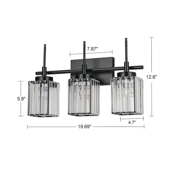 Orillia 19.69 in. 3-Light Modern Industrial Black Bathroom Vanity Light with Crystal Square Shades