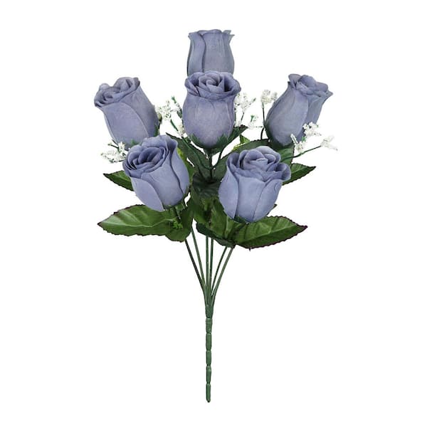 LIVING LUXURY 14 in. Blue Grey Artificial Rose Bud Flower Stem Bush Bouquet (Set of 12)