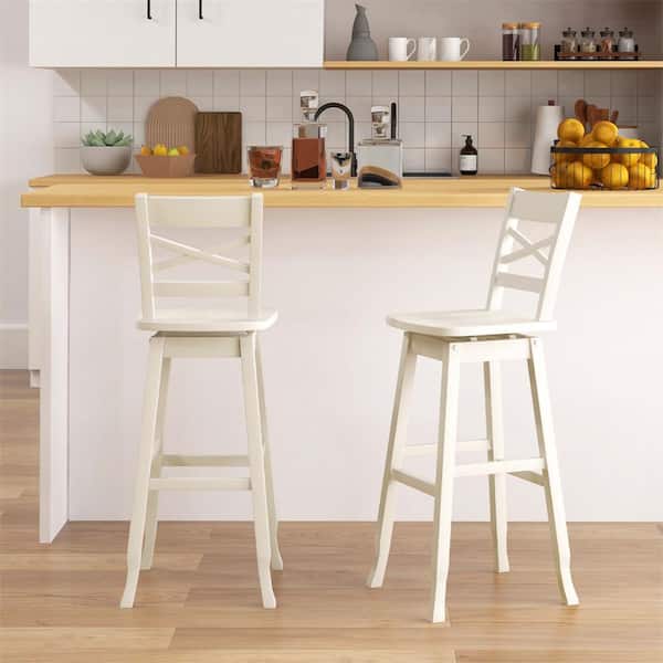 30 in. Cream Wood Bar Stool Counter stool with Backrest (Set of 2)