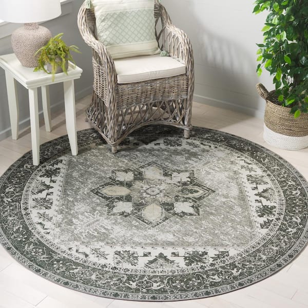 Tuscon Dark Sage/Ivory 6 ft. x 6 ft. Machine Washable Border Distressed Round Area Rug