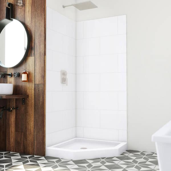 DreamLine DreamStone 36 in. L x 36 in. H W x 84 in. H Corner Shower Kit with Shower Wall and Shower Pan in Traditional White