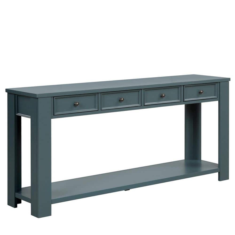 63 in. Blue Rectangle Pine Wood Console Table with 4 Drawers and 1 ...