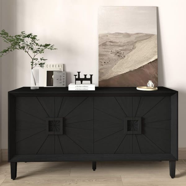 Farmhouse Antique Black Wood 59.8 in. Sideboard with Symmetrical Sunburst Door Design and Adjustable Shelves