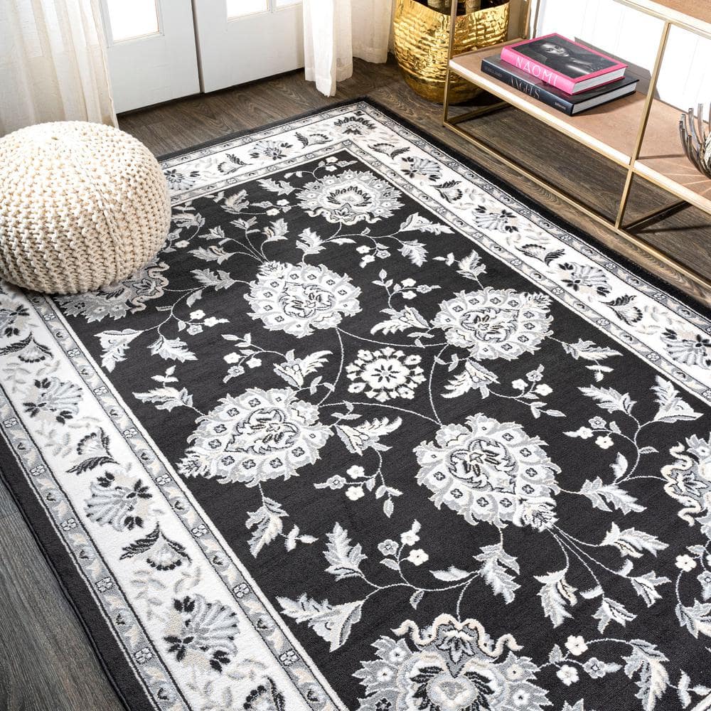 Elegant Persian-Inspired 4' x 6' Black and Cream Synthetic Rug
