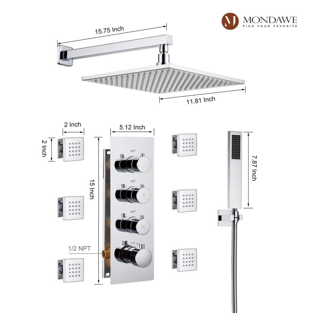 12 Inch Chrome LED Wall Mounted Rain Shower System with Handheld and Body Jets