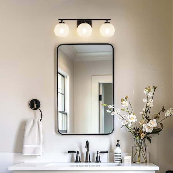 25 in. 3-Light Matte Black Globe Vanity Light with Opal White Glass Shade Dimmable for Bathroom and Powder Rooms