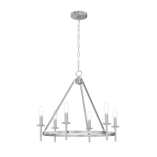 Sapello 24 in. Plug and Play 6-Light Brushed Nickel Chandelier with SkyPlug