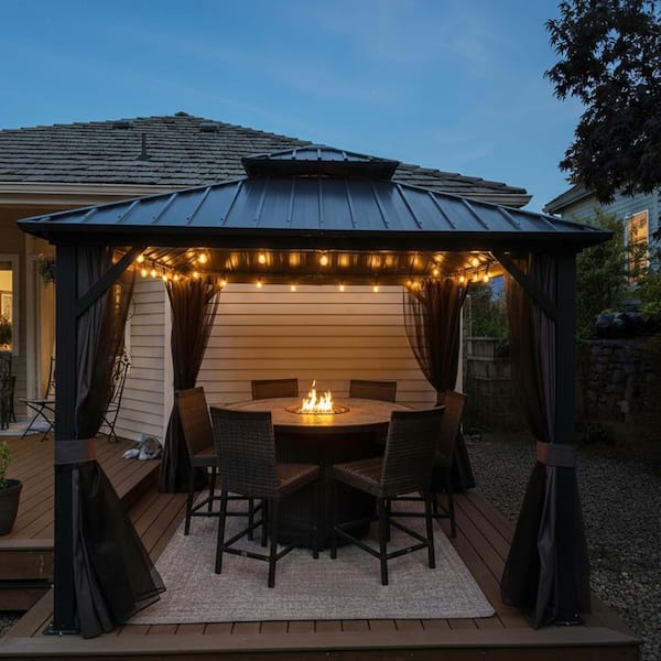 10 ft. x 10 ft. Gray Aluminum Hardtop Gazebo Canopy with Netting and Curtains