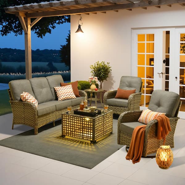 Beverly Gray 5-Piece Wicker Outdoor Patio Conversation Sofa Set with Swivel Rocking Chairs and Dark Gray Cushions