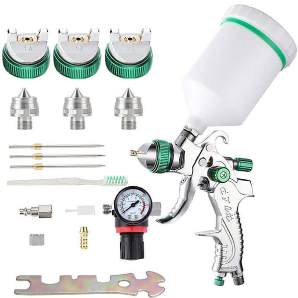 Pneumatic 1.4 mm to 2.0 mm Tips Gravity Feed HVLP Spray Gun with 600 cc Plastic Cup, 3 Nozzles and Pressure Gauge
