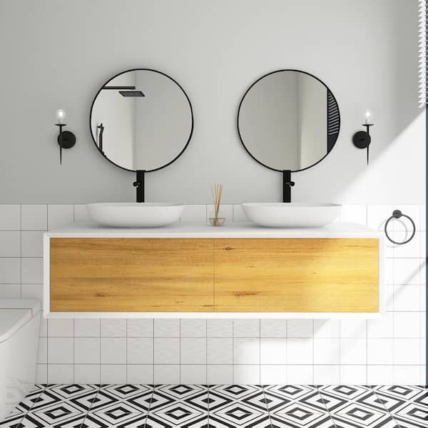 63 in. W x 21.7 in. D x 15.7 in. H Wall Mounted Bath Vanity in F.Oak with White Solid Surface Top
