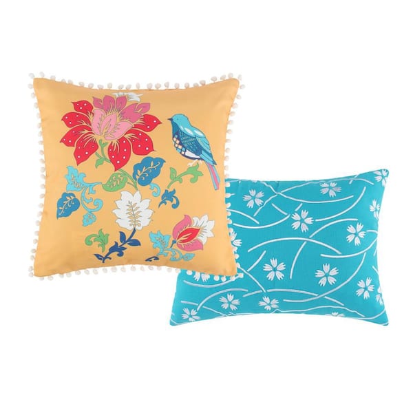Benjara Ello Blue, Orange and Red Floral Print Polyester 18 in. x 18 in. Throw Pillow (Set of 2)