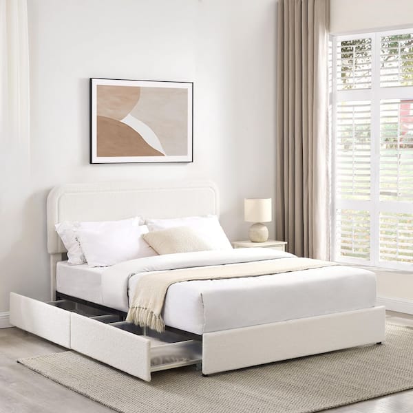 White Metal Upholstered Frame Queen Platform Bed with 2-Drawers Storage for Bedroom
