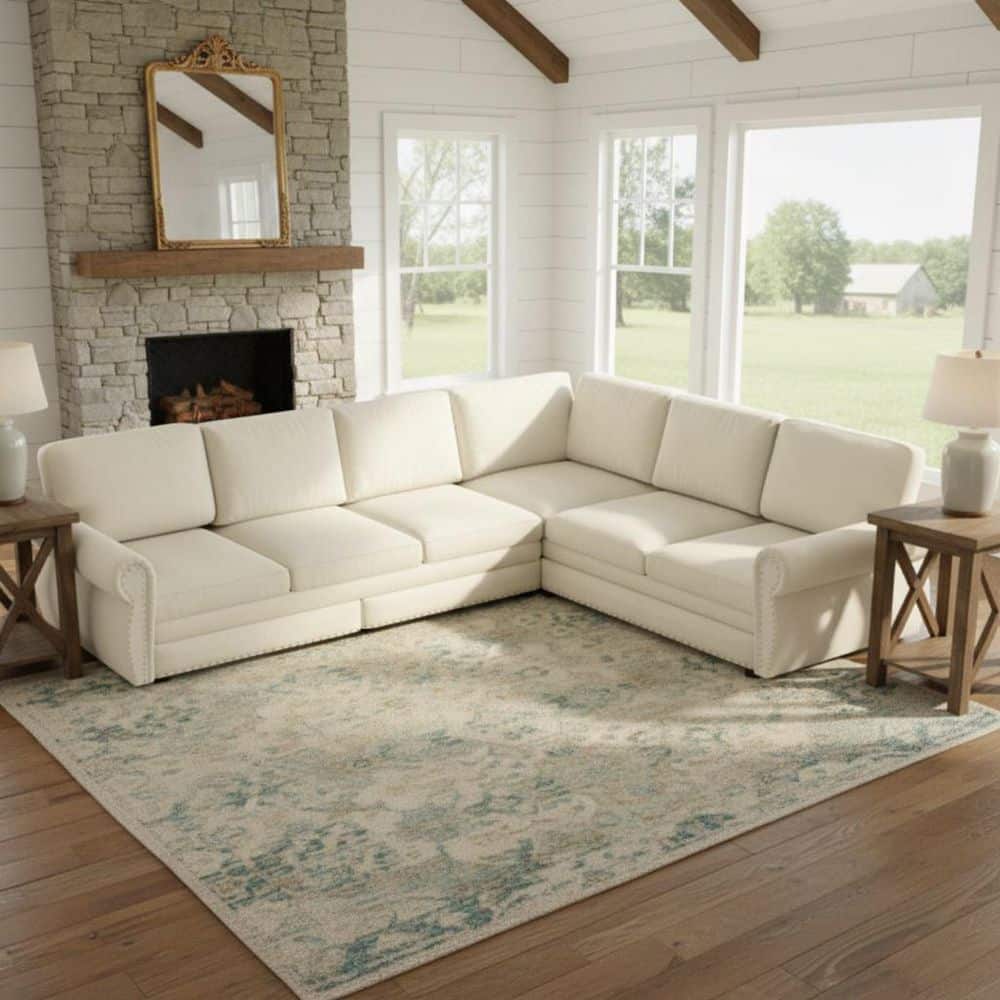 POFA 118 in. Rolled Arm 4-Piece Chenille L-Shaped Convertible with Rivet Trim Sectional Sofa in Alabaster White price history on PriceWatchPro