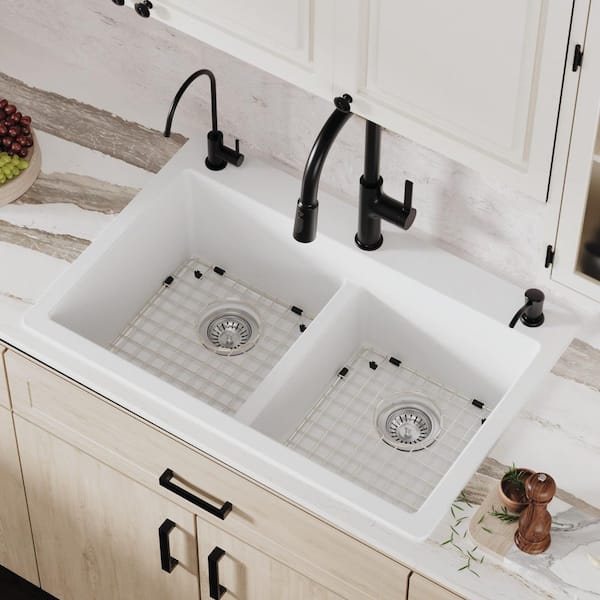 QT-810 Quartz/Granite 33 in. Double Bowl 50/50 Top Mount Drop-in Kitchen Sink in White with Bottom Grid and Strainer