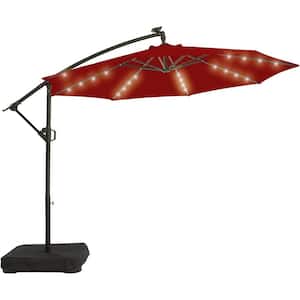 10 ft. Aluminum Solar Patio Offset Umbrella Outdoor Cantilever Umbrella Hanging Umbrellas with Weighted Base in Burgundy