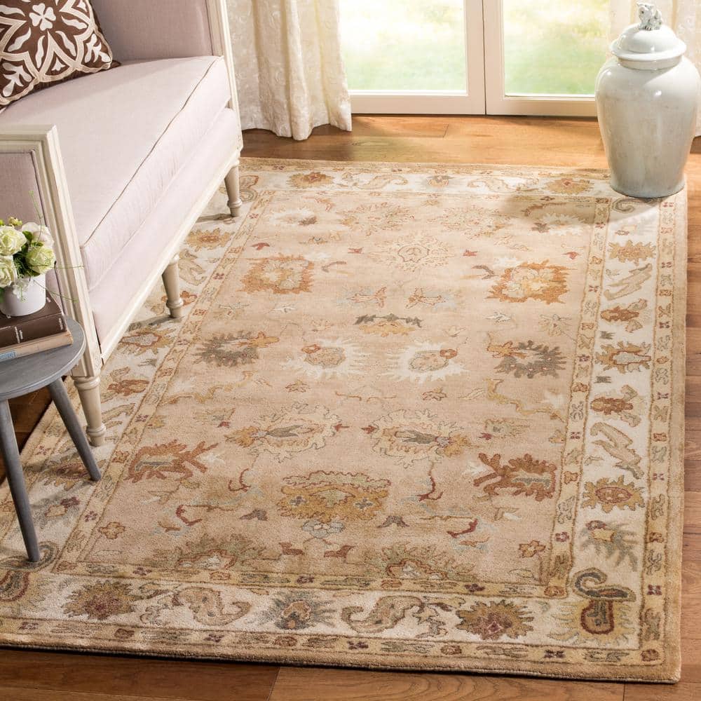 Handmade Taupe/Ivory Wool Tufted Rectangular Area Rug, 5' x 8'